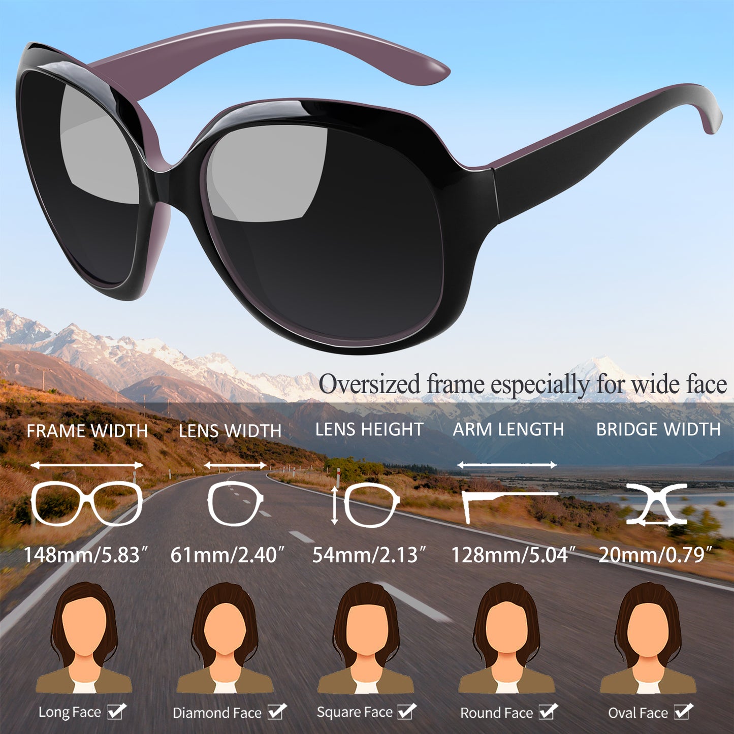 Polarized Sunglasses Womens Trendy Oversized Large Driving Sun Glasses Ladies UV Protective Big Sunnies Shades (Black)